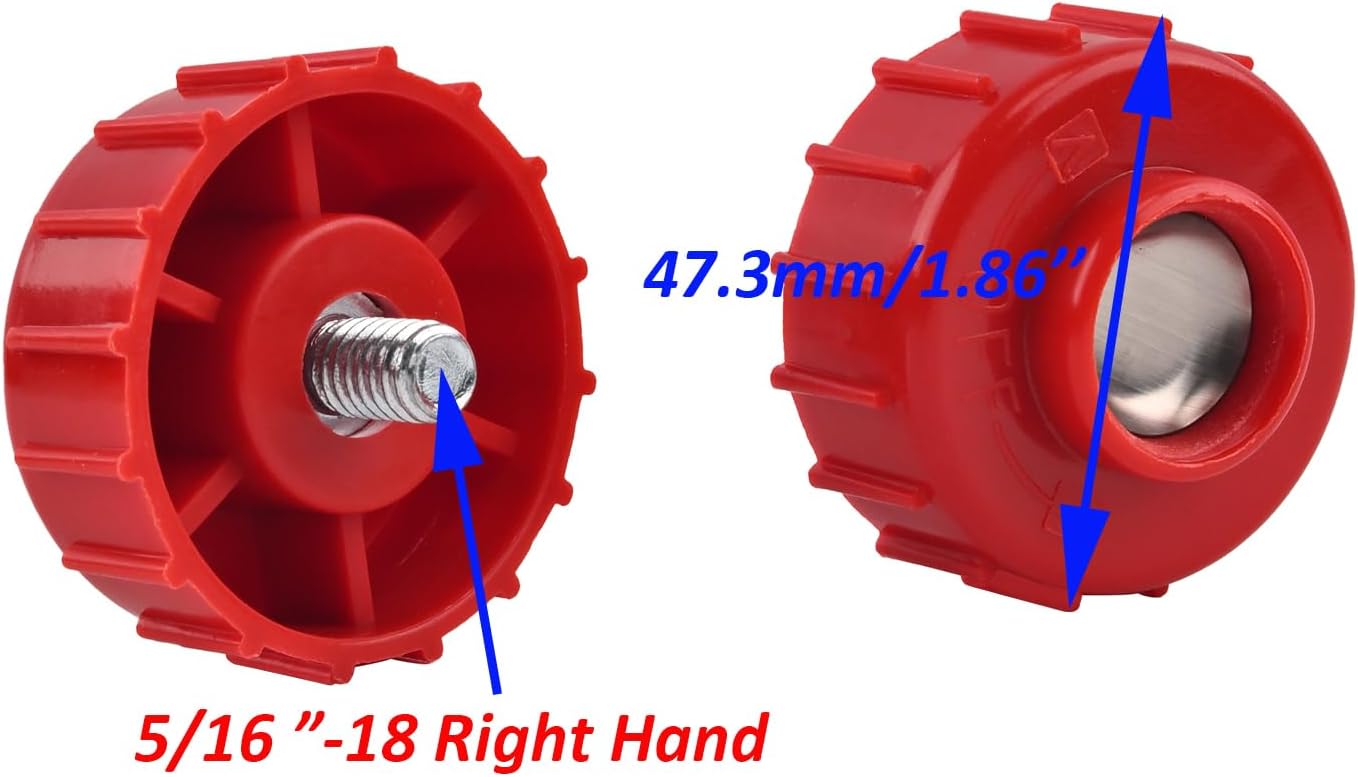Red bump knob with 5/16 inch -18 right-hand thread, showing dimensions.