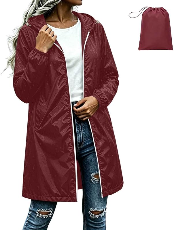 Shiny Long Rain Jackets for Womens Metallic Windbreaker Outerwear