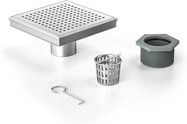 Bernkot Square Shower Drain 6", 304 Stainless Steel Floor Drain w/Hair Strainer, Grid Shower Drain w/CUPC Certified, Brushed