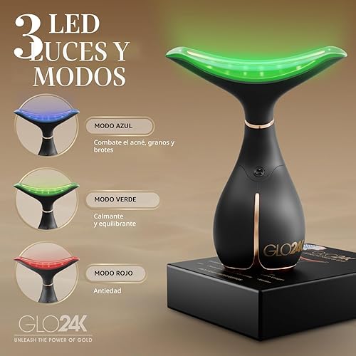 Miniatura 3 de GLO24K - Dispositivo de belleza facial y cuello con luz roja, herramienta de masajeador facial 3 en 1 con LED y vibración para revitalización