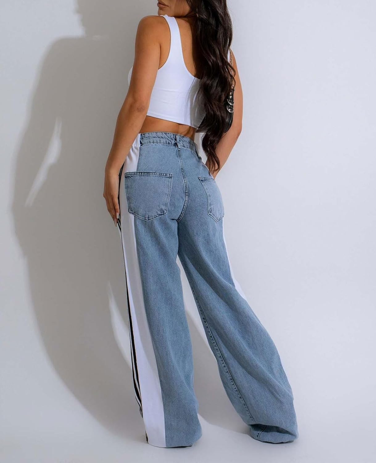 Womens Jeans High Waisted Wide Leg Striped Patchwork Color Block Stretchy Loose Straight Denim Pants - Image 2