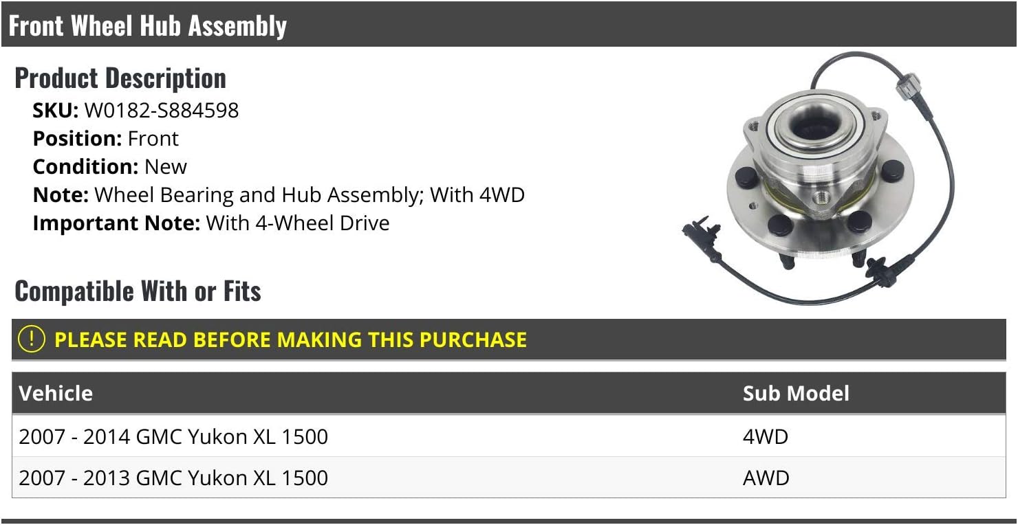 Front Wheel Hub and Bearing Assembly - Left or Right - Compatible with 2007-2014 GMC Yukon XL 1500 4WD / AWD