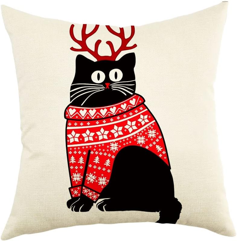 Merry Christmas Cat Throw Pillow Cover, 18 x 18 Inch Xmas Winter