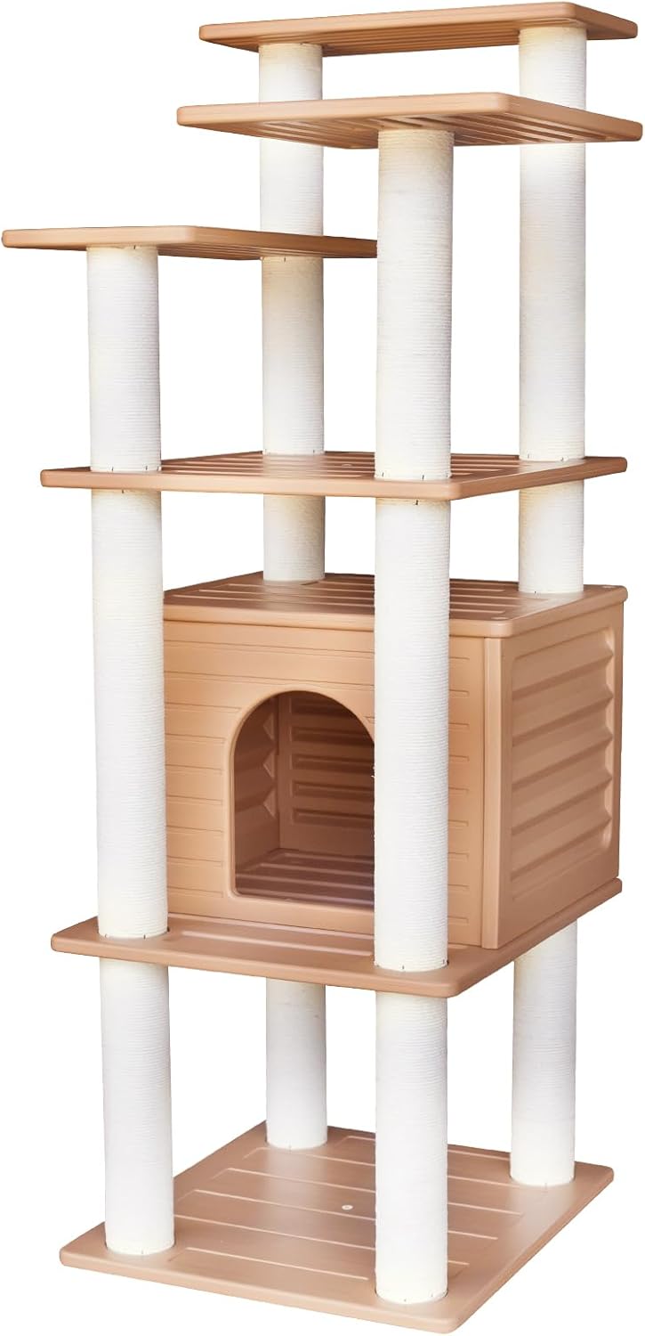 62” Tall Cat Tree for Outdoor and Indoor Cats, Weatherproof Large Outdoor Cat Condo with Scratching Posts