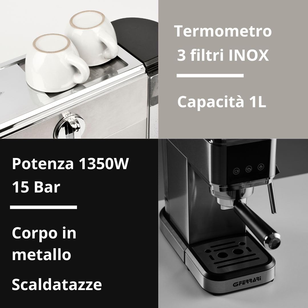 G3 Ferrari G10189 Tiffany Macchina da Caffè Espresso,15 Bar, Scaldatazze, Compatibile con Cialde e Caffè in Polvere, Funzione Standby e Sleep, Cappuccinatore, 3 Filtri INOX, Serbatoio 1L