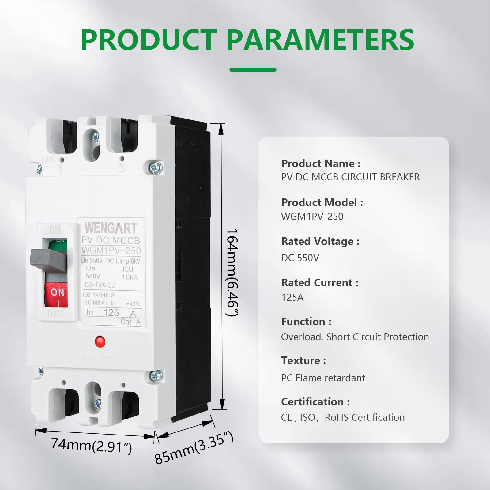 Wengart DC-Leistungsschalter 125A 550V 2P – WGM1PV-250 MCCB für Photovoltaik & Batteriespeicher – DC-Hauptschalter mit 25kA Trennvermögen – Sicherer Lasttrennschalter für Solarsysteme