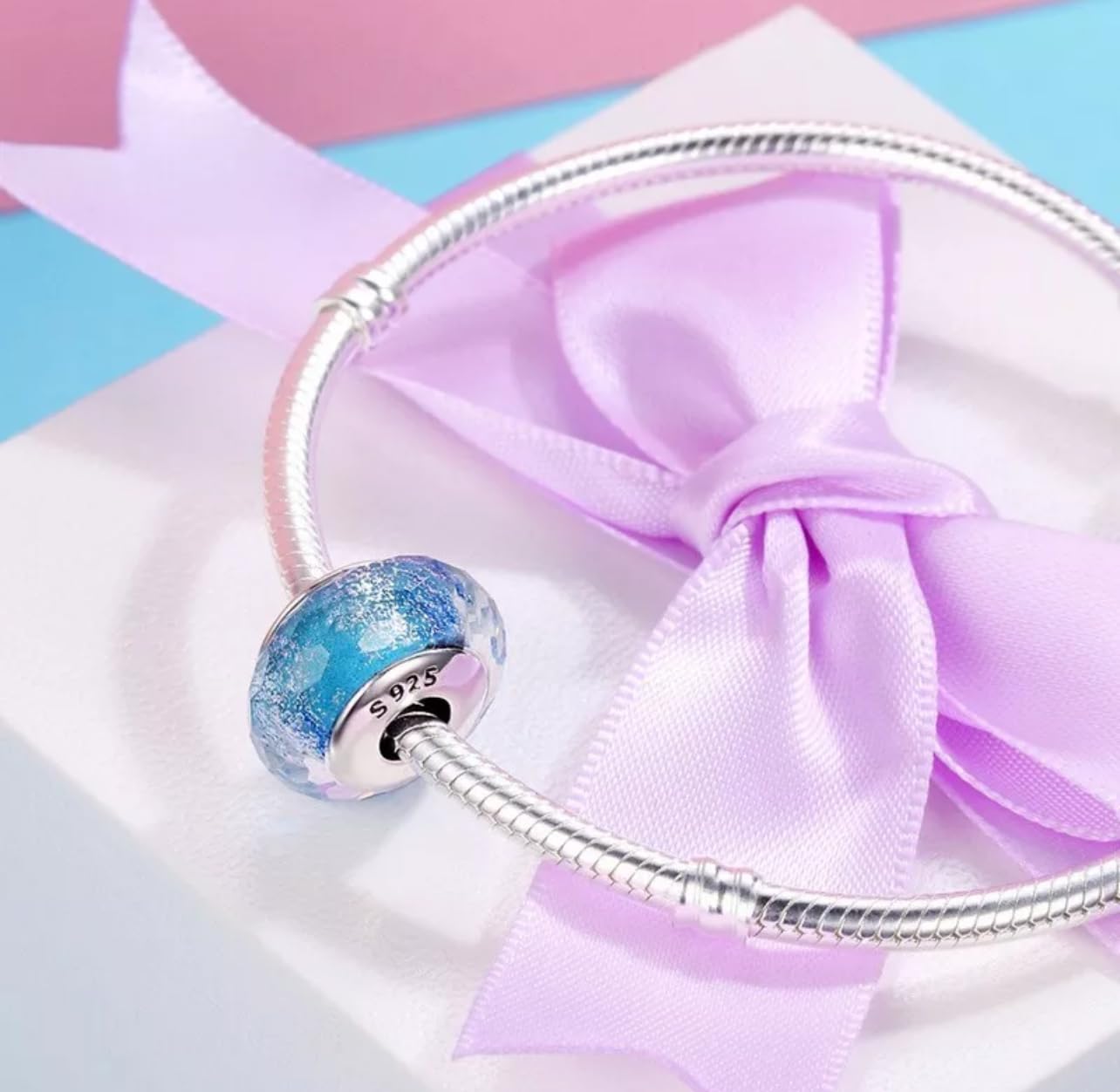 FLXHHX Perlina con Ciondolo in Vetro di con Glitter Blu, Autentico Argento Sterling 925, Compatibile con Il Braccialetto