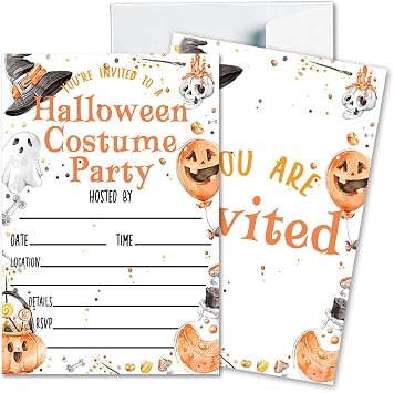 Deluxe Halloween or Costume Party Invitations, 25 Fill-in Cards with Envelopes, Pumpkin, Ghost, Monster, Cute Trick or Treat, Box or Treat for Kids Birthday or Adult party - 4"X6" JRM338