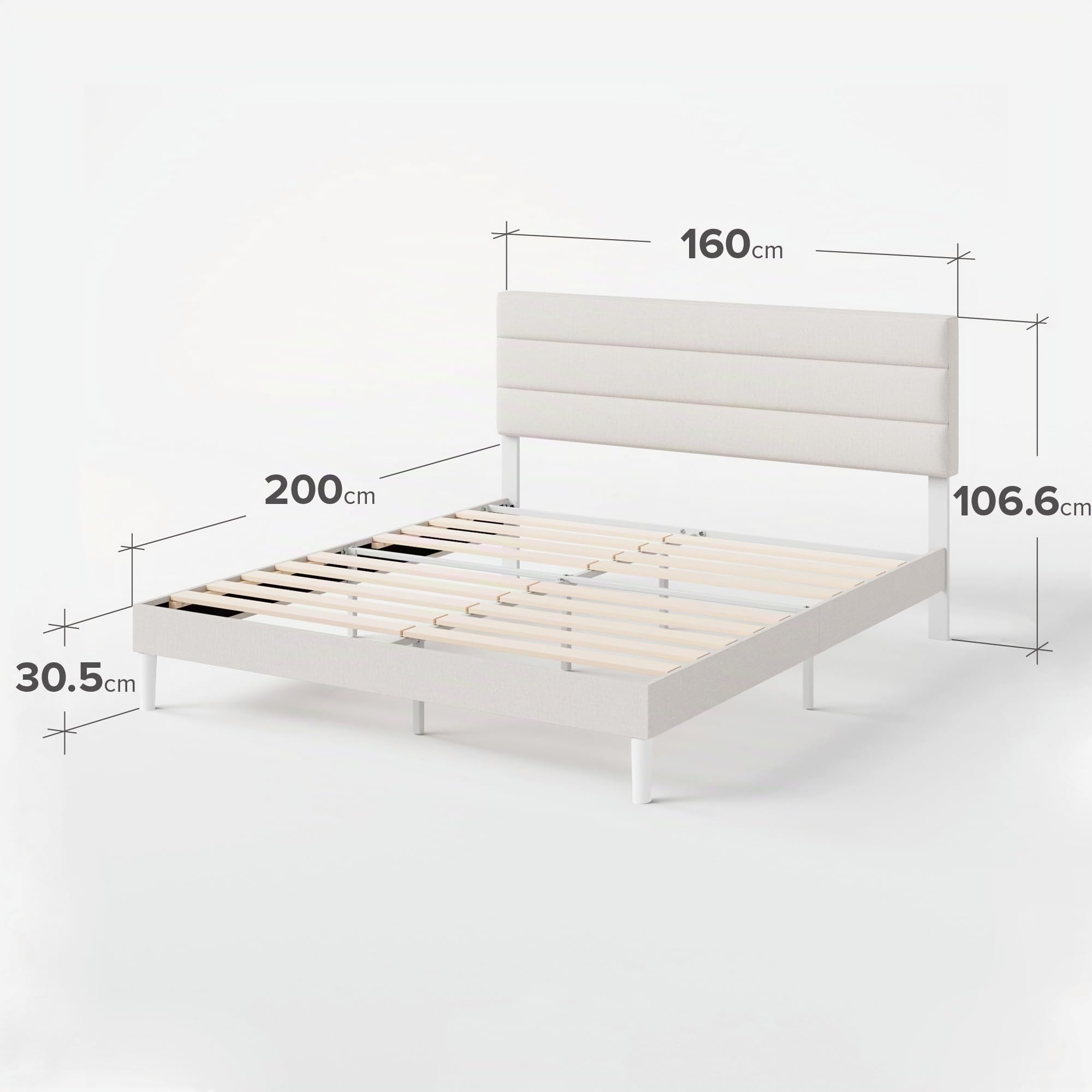 Zinus Piper Upholstered Platform Bed, 160 x 200 cm, Horizontal Paneled Headboard, Wooden Slat Support, Easy Assembly, Off White