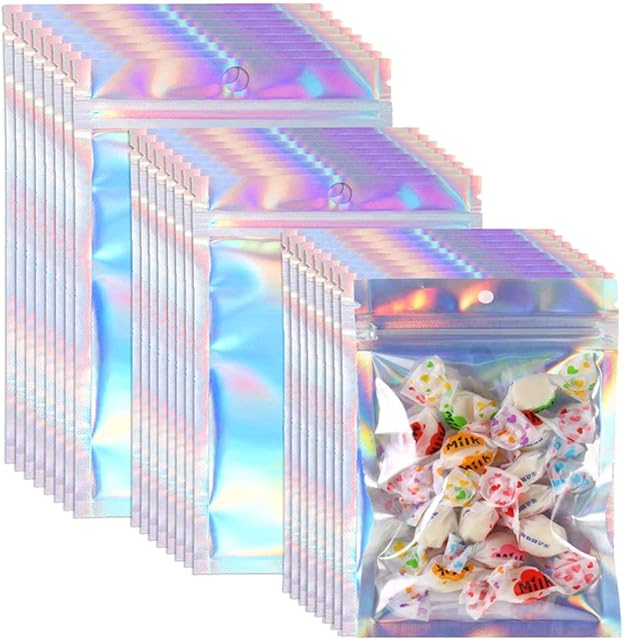 Foil Ziplock Bags , 150 Pcs Holographic Packaging Bags Resealable Smell Proof Bags Zip Lock Bags Mylar Bags Foil Bags for Food Storage Coffee Beans (M)