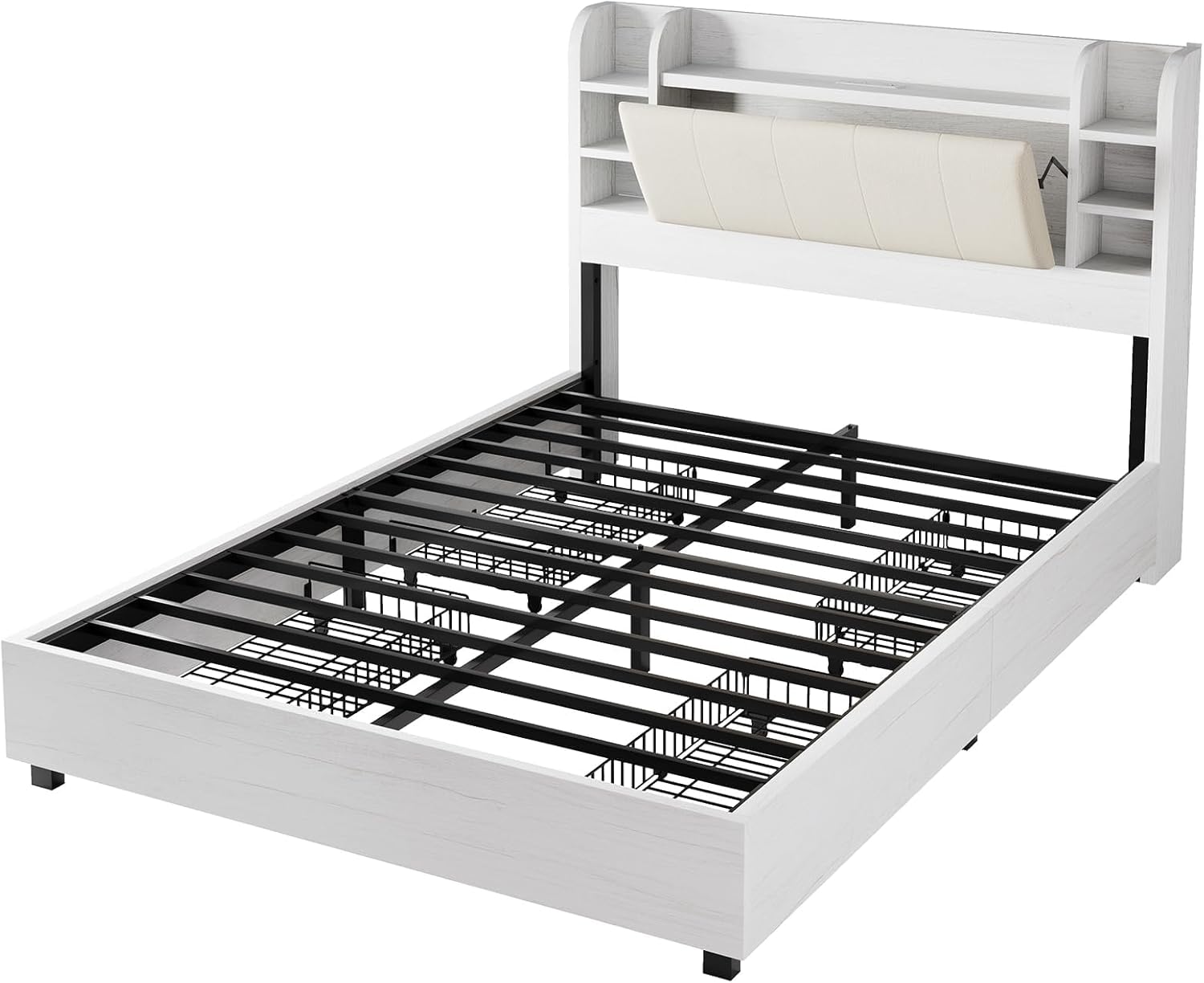 AMERLIFE Queen Size Bed Frame with Bookcase Headboard, 4 Drawers & Hidden Storage, Upholstered Cushion Backrest, Wooden Platform Bed with Charging Station, Heavy Duty Metal Frame, Rustic White