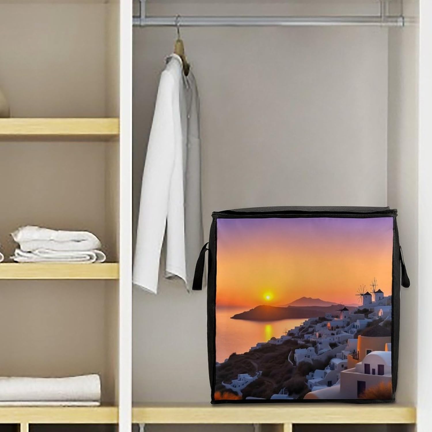 Quilt Storage Bag,Greece Island Sunset Landscape Printed Large Foldable Storage Container Portable Travel Storage Bag for Blankets, Quilts, Clothes, Comforter, Bedding And Pillows