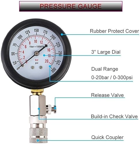 Miniatura 7 de JIFETOR Kit de medidor de presión de bomba de inyección de combustible y conjunto de manómetro de prueba de compresión del motor