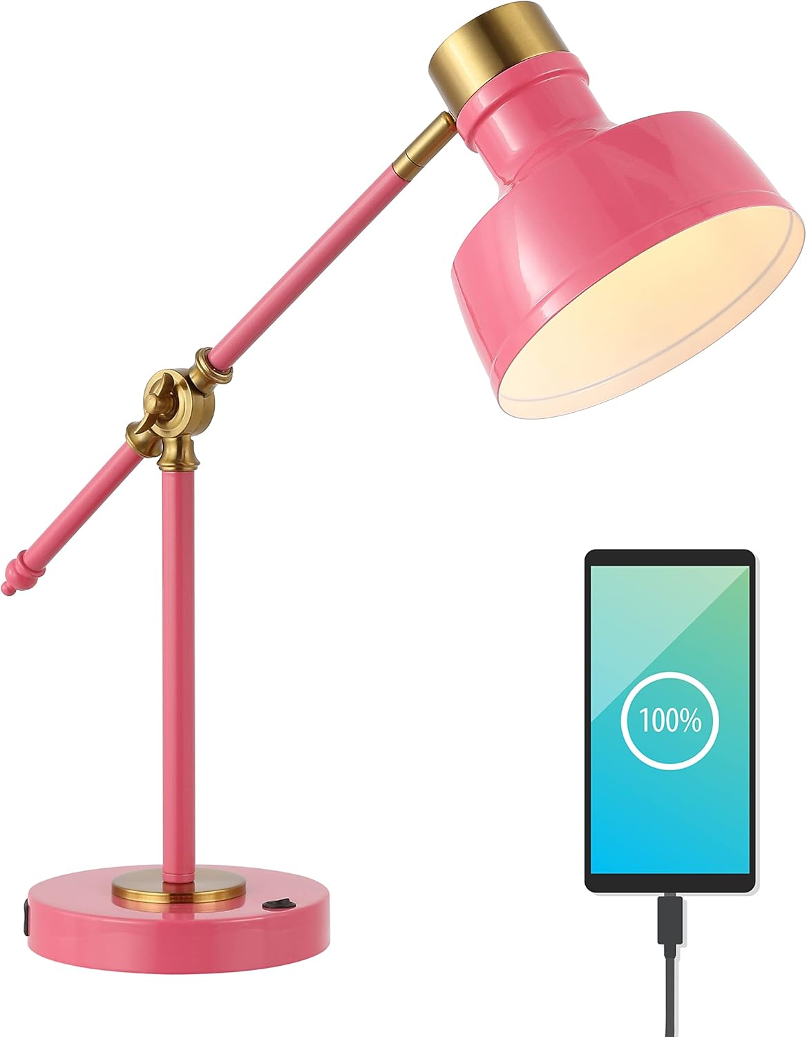 JONATHAN Y 18.5" Nickel/Brass Gold Adjustable Cantilever LED Task Lamp with USB Charging Port, Vintage Farmhouse Desk Lamp for Home Office Reading, Metal Shade (JYL7124B)