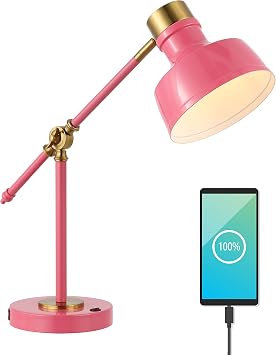 JONATHAN Y Allegra Metal Task Desk Lamp USB Port 18.5, Pink/Brass Gold | Adjustable Cantilever, Vintage Farmhouse Style, Home Office Reading Light, LED Bulb Included
