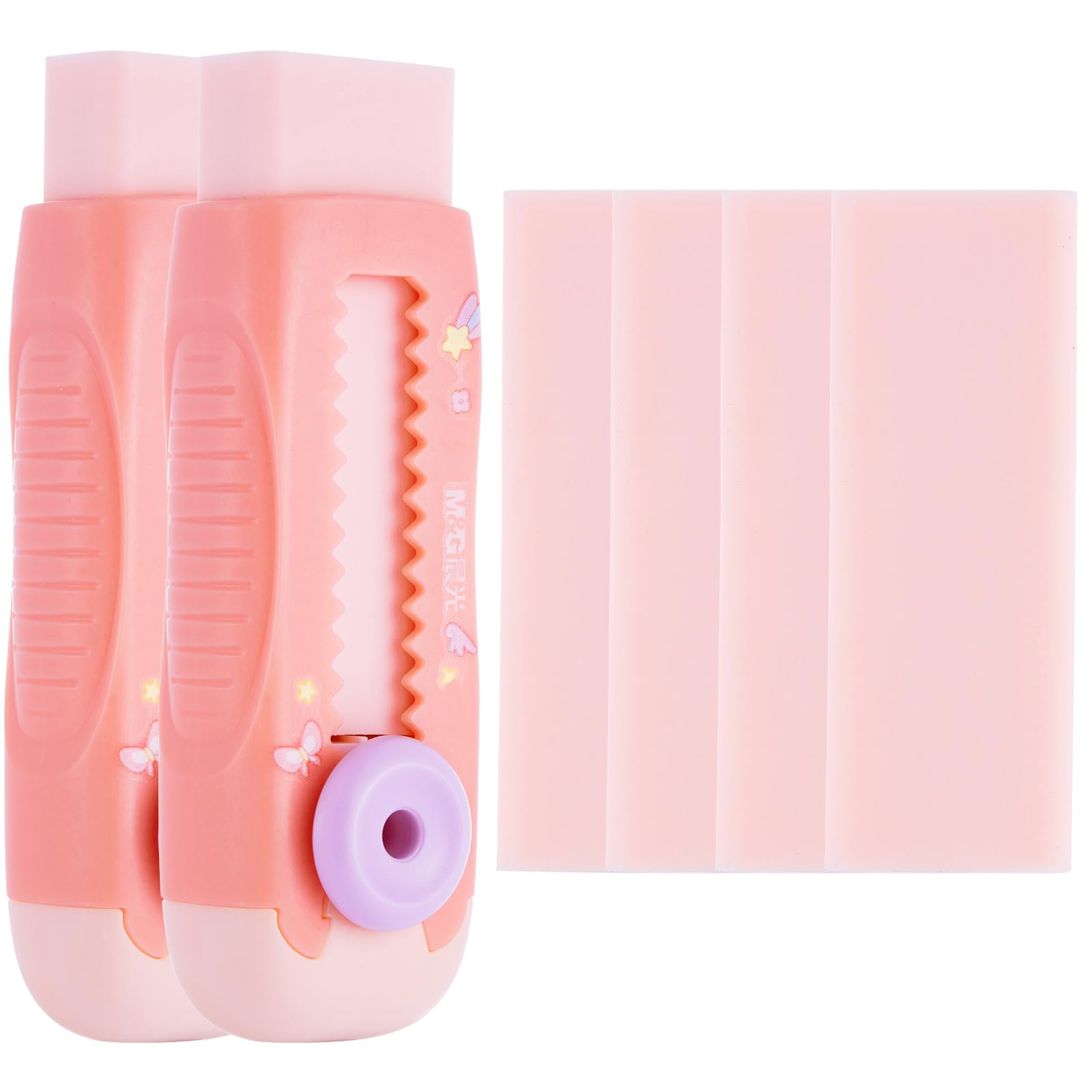 M&amp;G 2+4 Pack Rubber Erasers Sliding Retractable Eraser, 2 Pack Cute Erasers Push Pull Large Pencil Eraser with Plastic Sleeve and 4 Refill Erasers for Students, School Office Supplies (Pink Unicorn)
