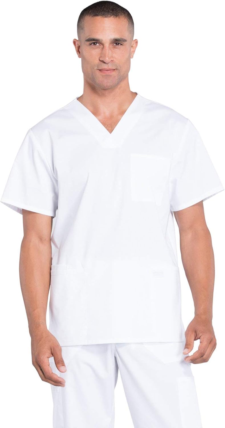 Men Scrubs Set Workwear Professionals WW695 V-Neck Top & WW190S Tapered Leg Fly Front Cargo Pant, White- M Top/M Short Pant