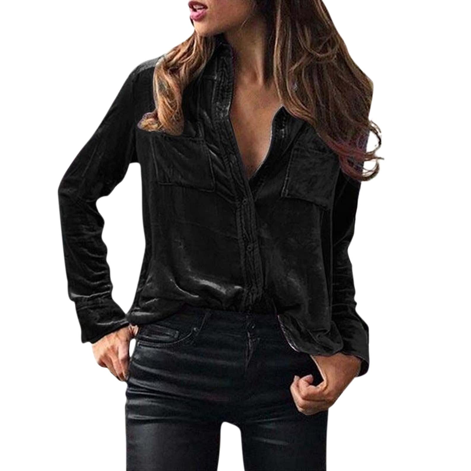Femmes Hiver Mode Pots Blouse Blouse à Manches Longues Solide Élégante Poche Boutonnière Chemise Décontractée Blouse Bleu Clair, Noir , M