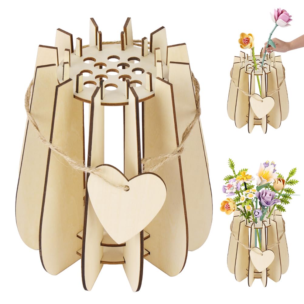 AUAUY Vase for Lego Flowers Bouquet, 3D Wooden Puzzle Vase, Creative Wooden Vases Compatible with Lego Roses, Flowers Bouquet, Cherry Blossoms, Tulips, Sunflowers, Display, Home Decor(Style 1)