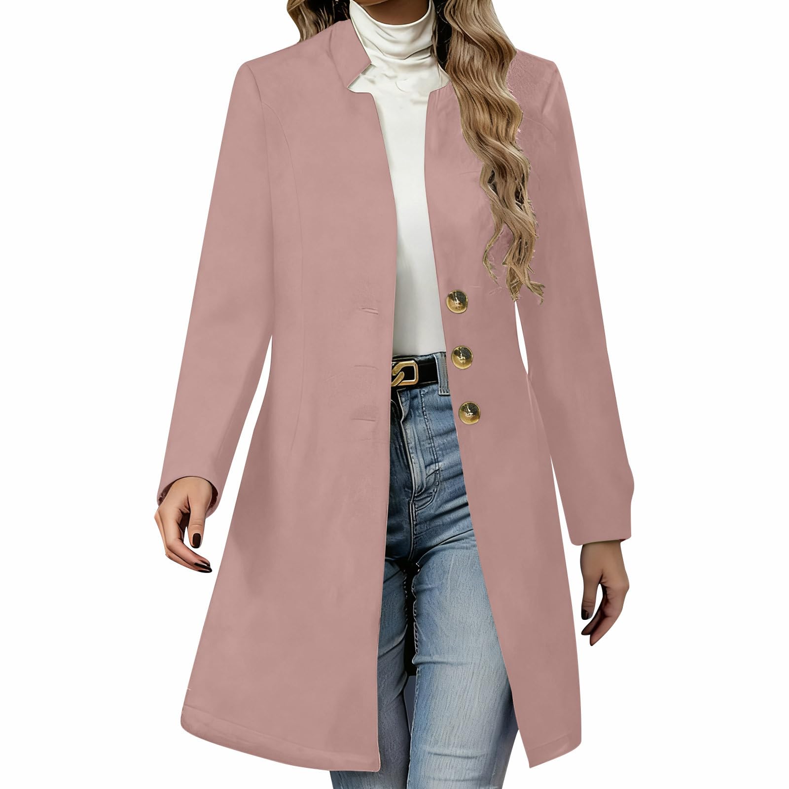 Womens Woolen Blend Stand Collar Open Front Cardigan Coat Mid Long Work Office Blazer Jacket Outwear with Pockets