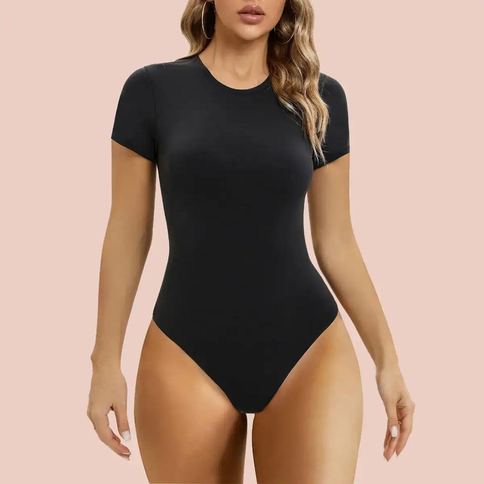 ISCBAFYX Body Moulant pour Femmes, Manches Longues/Courtes, Haut Justaucorps Extensible, String, col Rond, Couleur Unie, Combinaison Amincissante