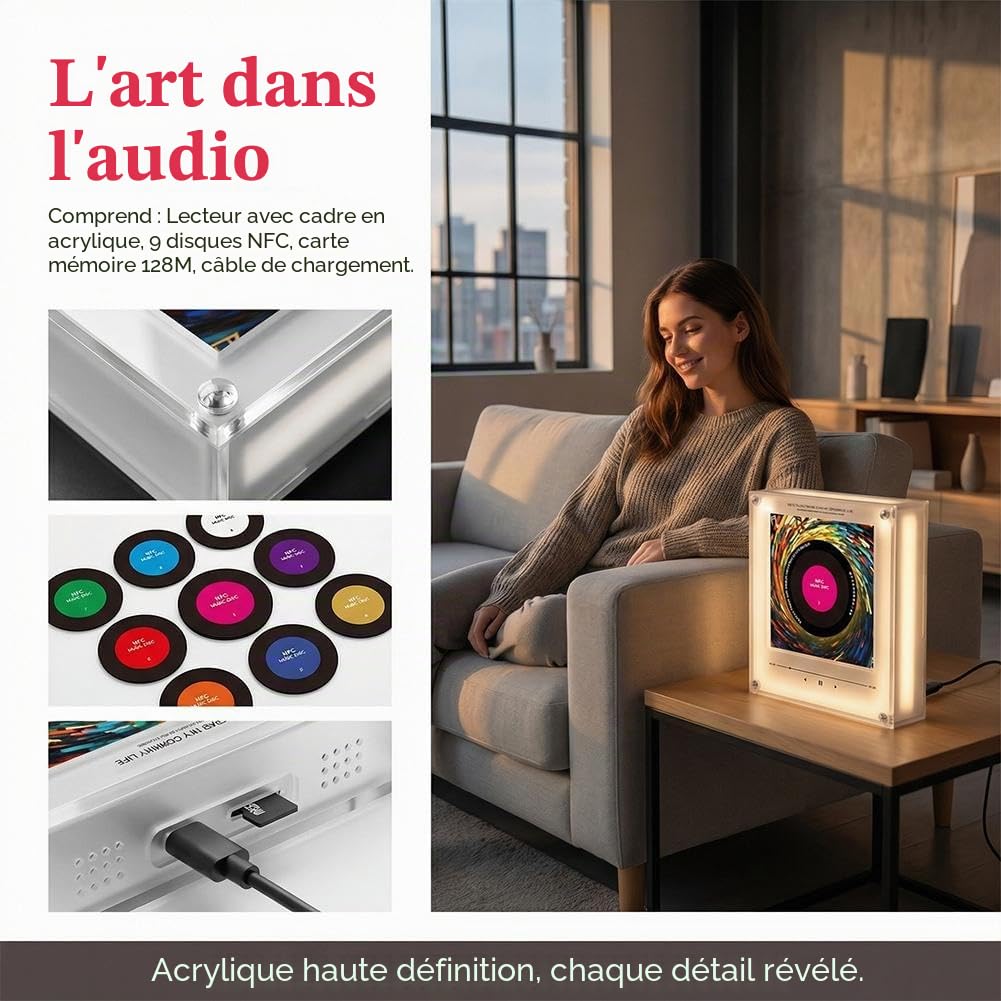 Autocollants magnétiques pour réfrigérateur NFC à induction chantante, lecteur de disques vinyles rotatif intelligent mini jukebox, pack de 9 autocollants audio programmables avec lumière