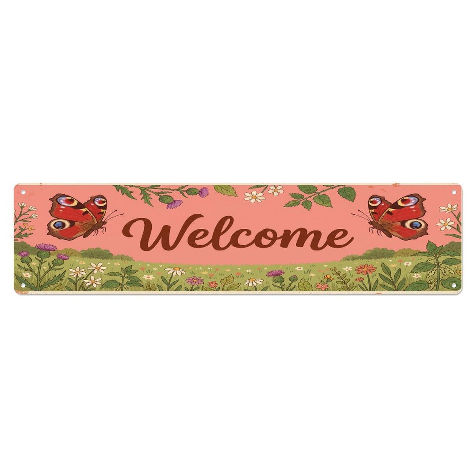 Cxhjca 4X16inch(10X40cm) Vintage Welcome Peacock Butterfly Metal Tin Sign