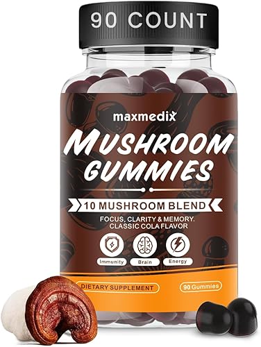 maxmedix Gomitas de hongos - Suplemento de hongos 10 veces con Ashwagandha y melena de león, refuerzo del cerebro, apoyo inmunológico, energía,