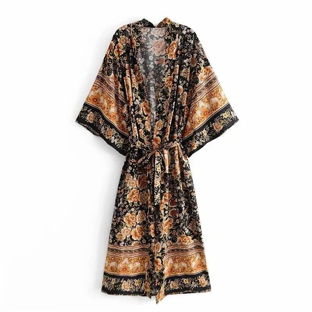 Fusciacche con stampa floreale bohémien vintage da donna kimono maniche a pipistrello maxi abito bikini