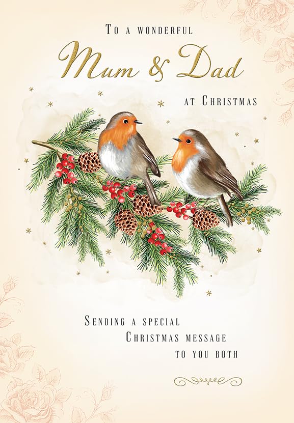 Piccadilly Greetings Christmas Card To a Wonderful Mum & Dad Cute 2 robins - 9 x 6 inches
