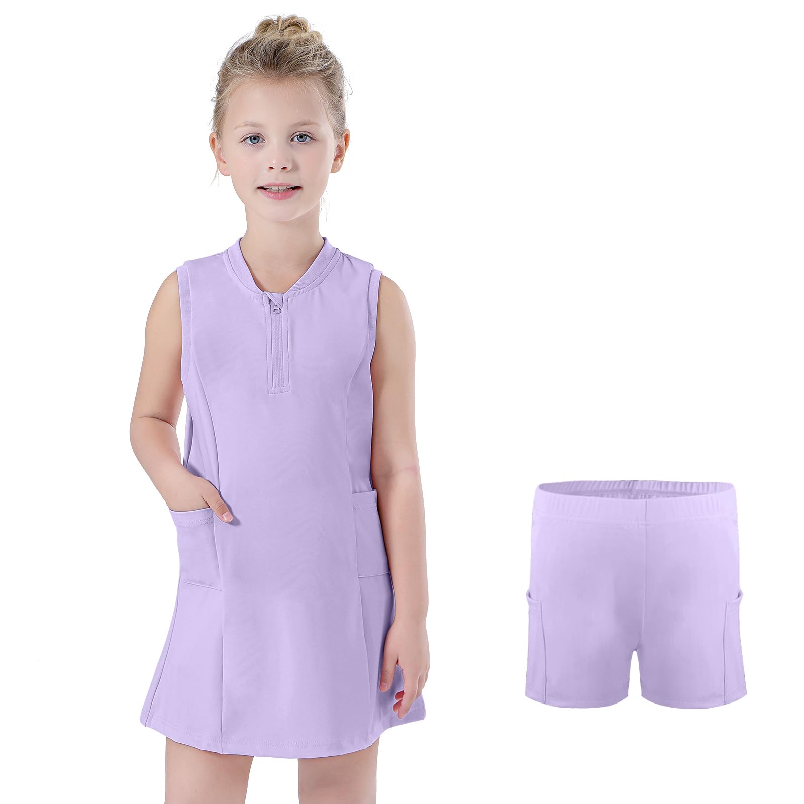Bezioner Girls Tennis Dress with Shorts Pockets A-Line Golf Outfits Zipper Workout Athletic Dresses Sleeveless Active Dress