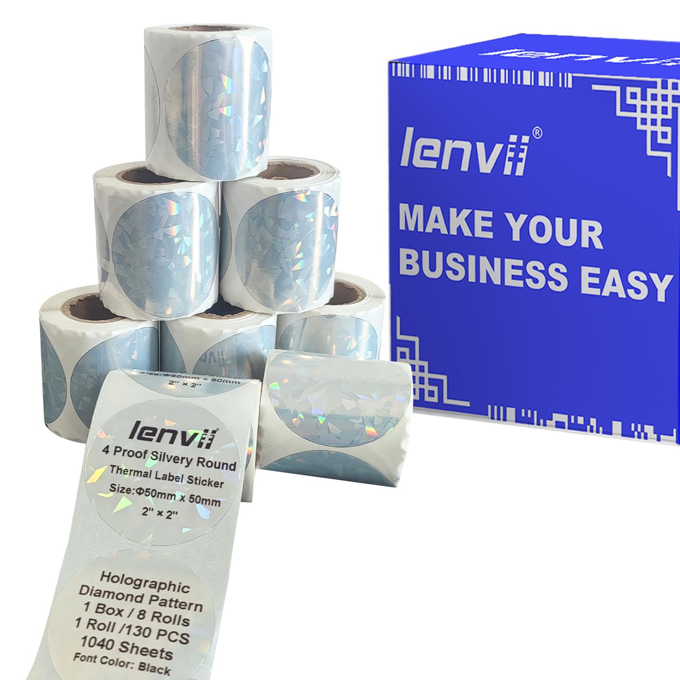 LENVII Argentate 50x50 mm Rotonde Etichetta Termica(Motivo Diamante)1040 pz | Olografiche Argento Etichetta, 8 Rotoli × 130,Resiste a Atrappi,Acqua,Olio,Graffi,Stampa Nitida e forte Adesione,per Termiche