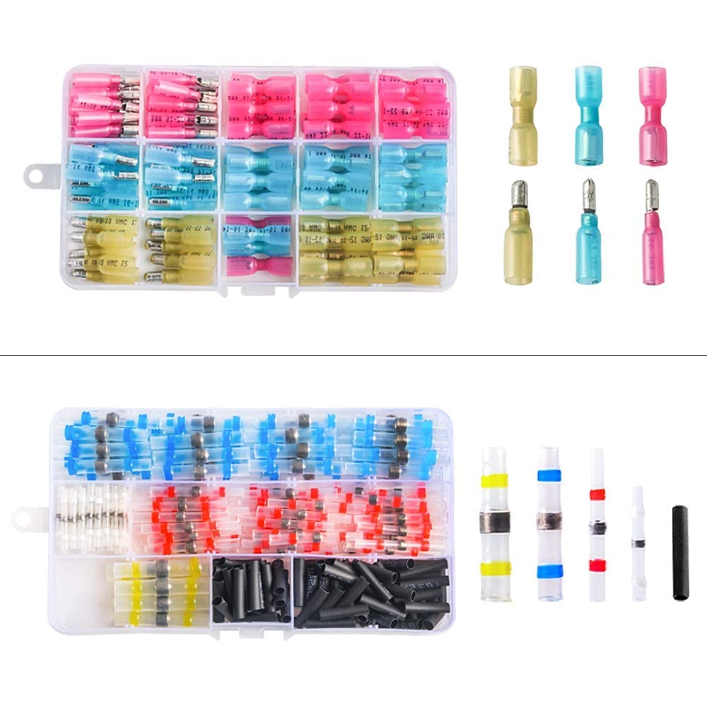 EEEkit 100pcs Heat Shrink Bullet Connectors, Female & Male Bullet Butt Terminals Insulated Wire Splice Connectors Kits Waterproof Electrical Marine Crimp Automotive Connectors 3 Colors 3 Sizes