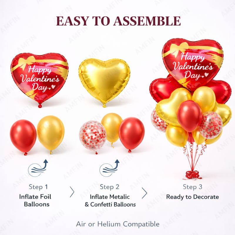 Image of AMFIN (Pack of 14) Happy Valentine's Day Balloon Decoration Set | Romantic Heart Foil Bouquet Metallic Helium Bunch Proposal Anniversary Celebration Party Decor - Red Gold