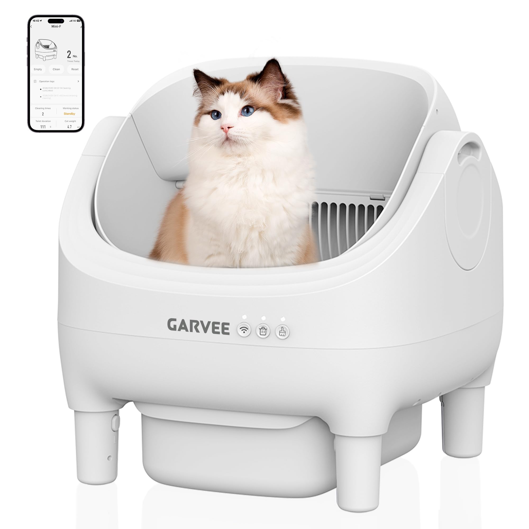 Self Cleaning Litter Box, Automatic Cat Litter Box with APP Control, Odor-Free Waste Disposal Includes Trash Bags, Large Waste Bin, Open-Top, for Multiple Cats, White