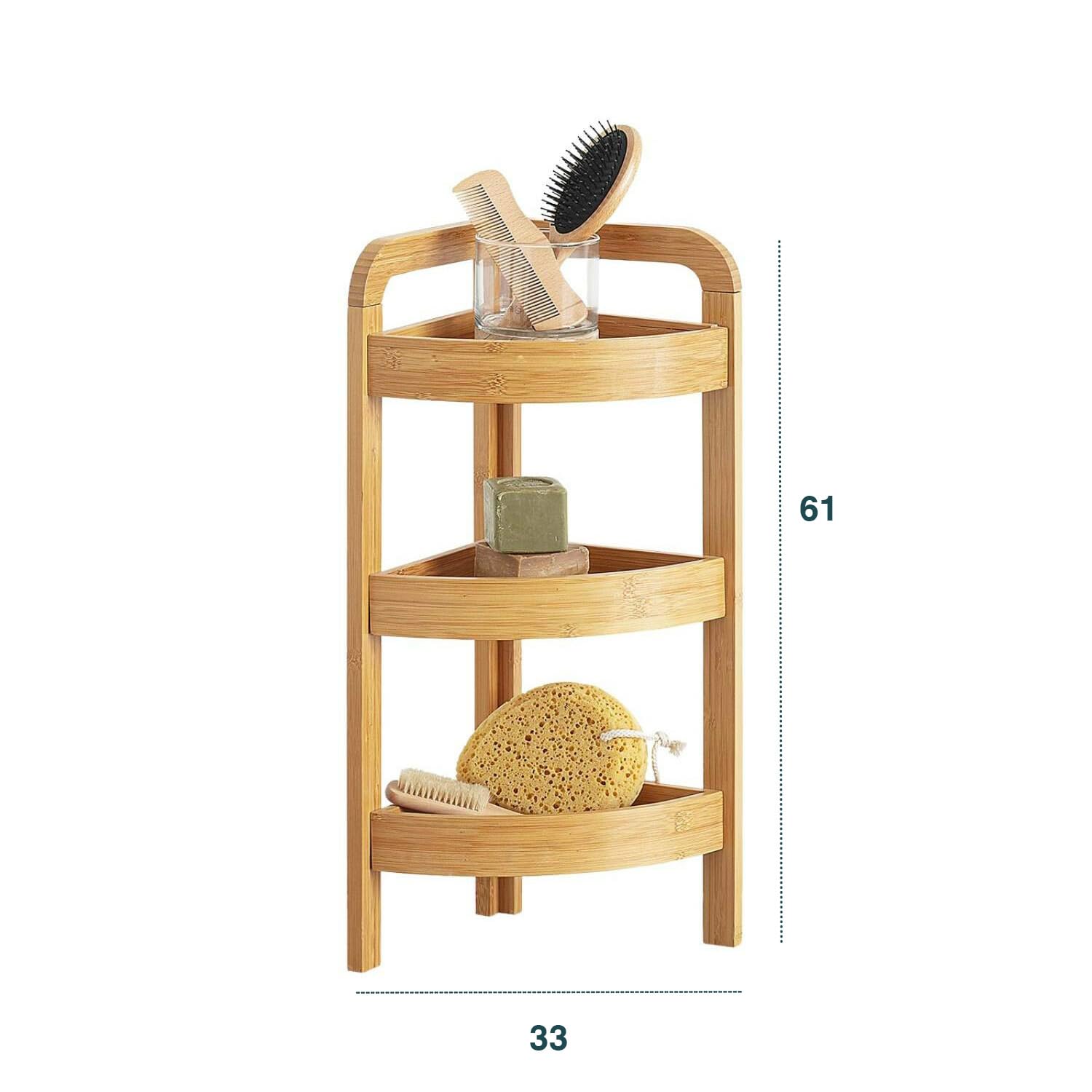 Avilia Eckregal mit 3 Ebenen aus Bambus, elegant und nachhaltig, 33 x 23 x 61 cm, perfekt für jeden Raum, optimierter Platz für Bücher und Dekorationsgegenstände