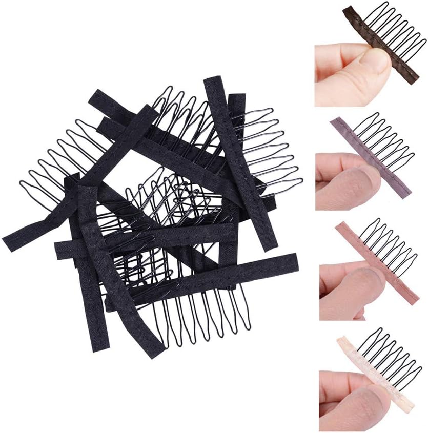 24 Pieces Steel Cloth Wig Combs and Clips Set - 7-Teeth Hair Accessories Tools for Making Wigs and Hairpieces (Black)