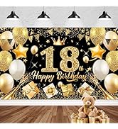 PatiCool 18th Birthday Backdrop Decorations,Black and Gold Happy 18th Birthday Banner Sign,18th B...
