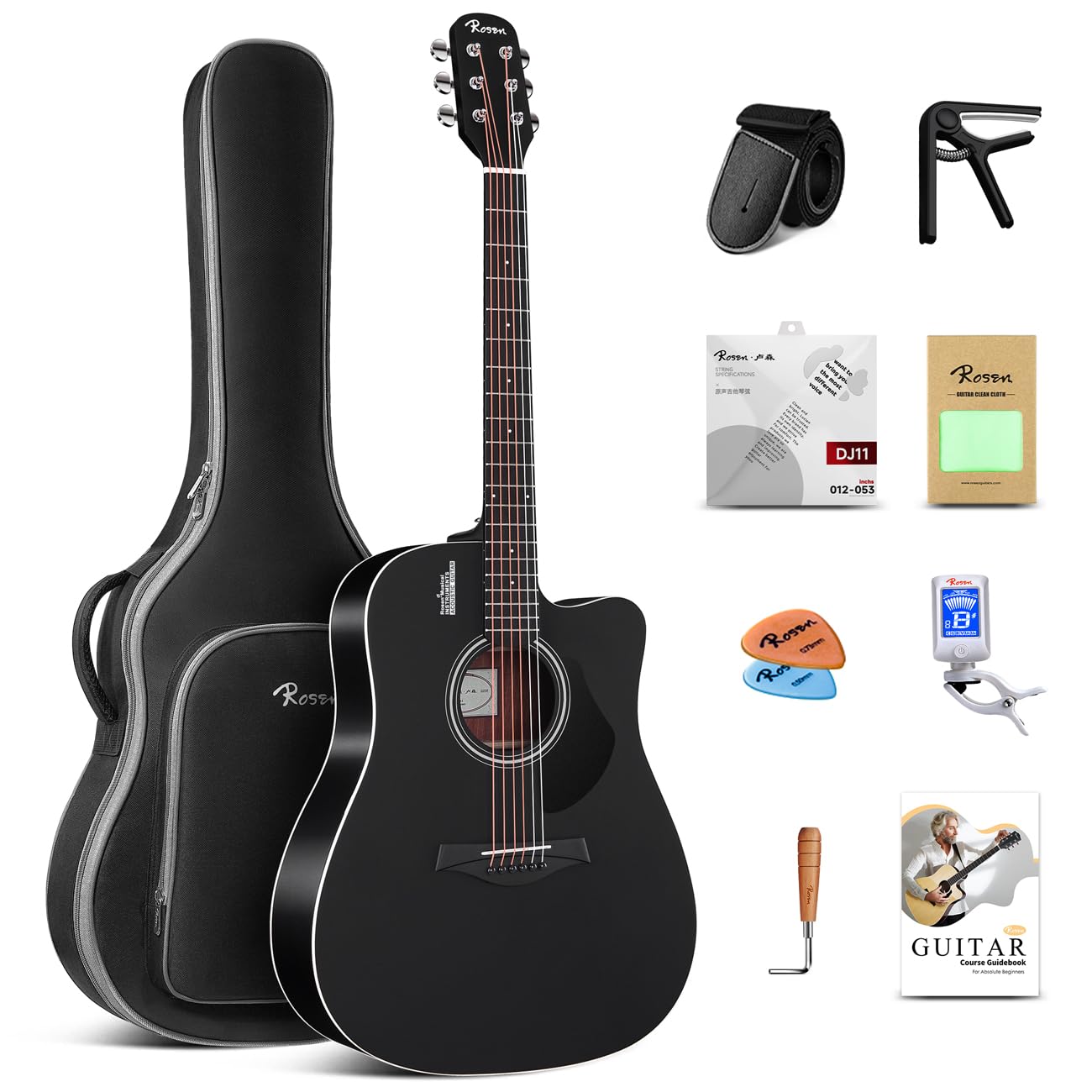 Rosen Solid Top Dreadnought Acoustic Guitar 41 Inches Spruce Guitar Beginner Bundle with Book, Padded Bag, Strings, Picks, Hexwrench, Strap, Polishing Cloth, Black