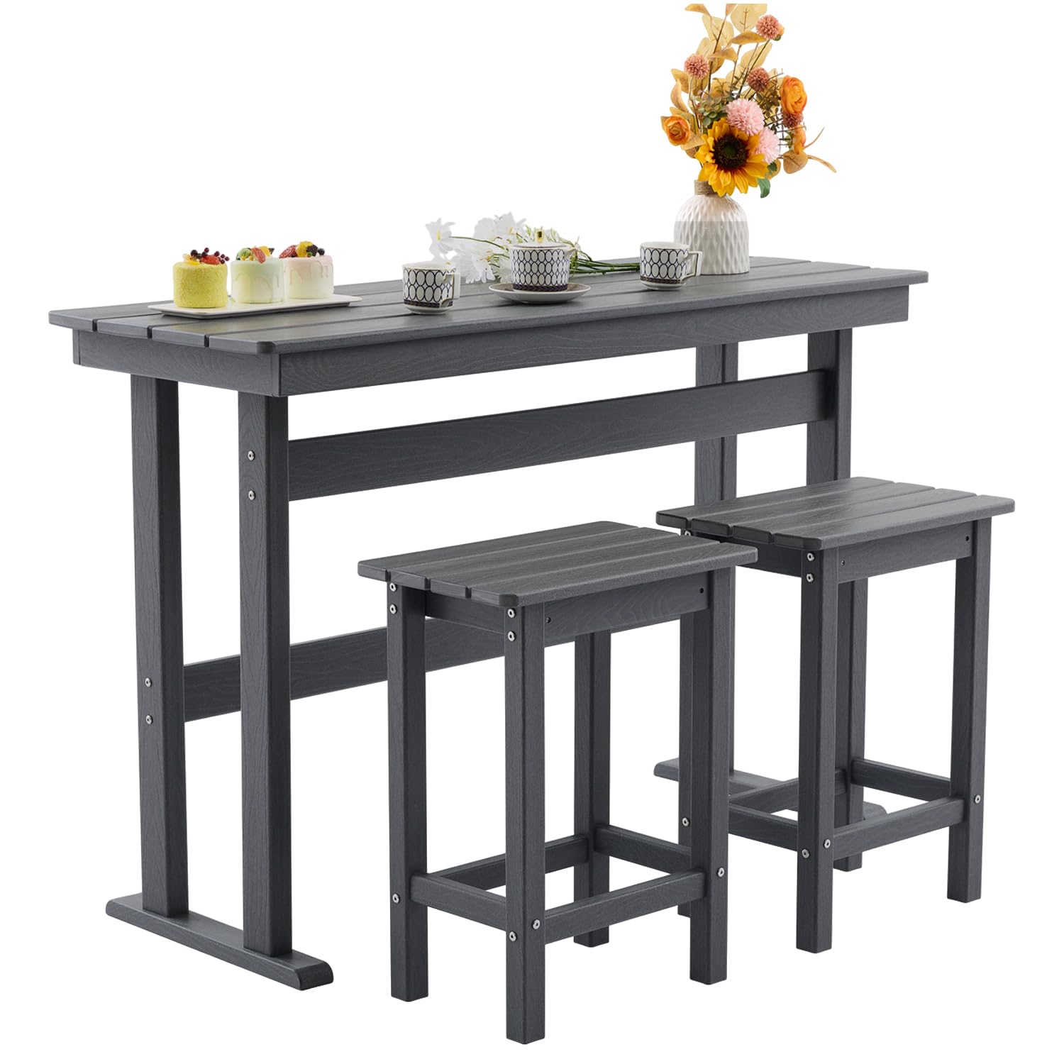 AZXZCS 3 Pcs HDPE Outdoor Bar Set of 2 Includes Bar Height Table and Chairs, Patio Bar Stools Set for Bistro, Poolside, Backyard, Gray