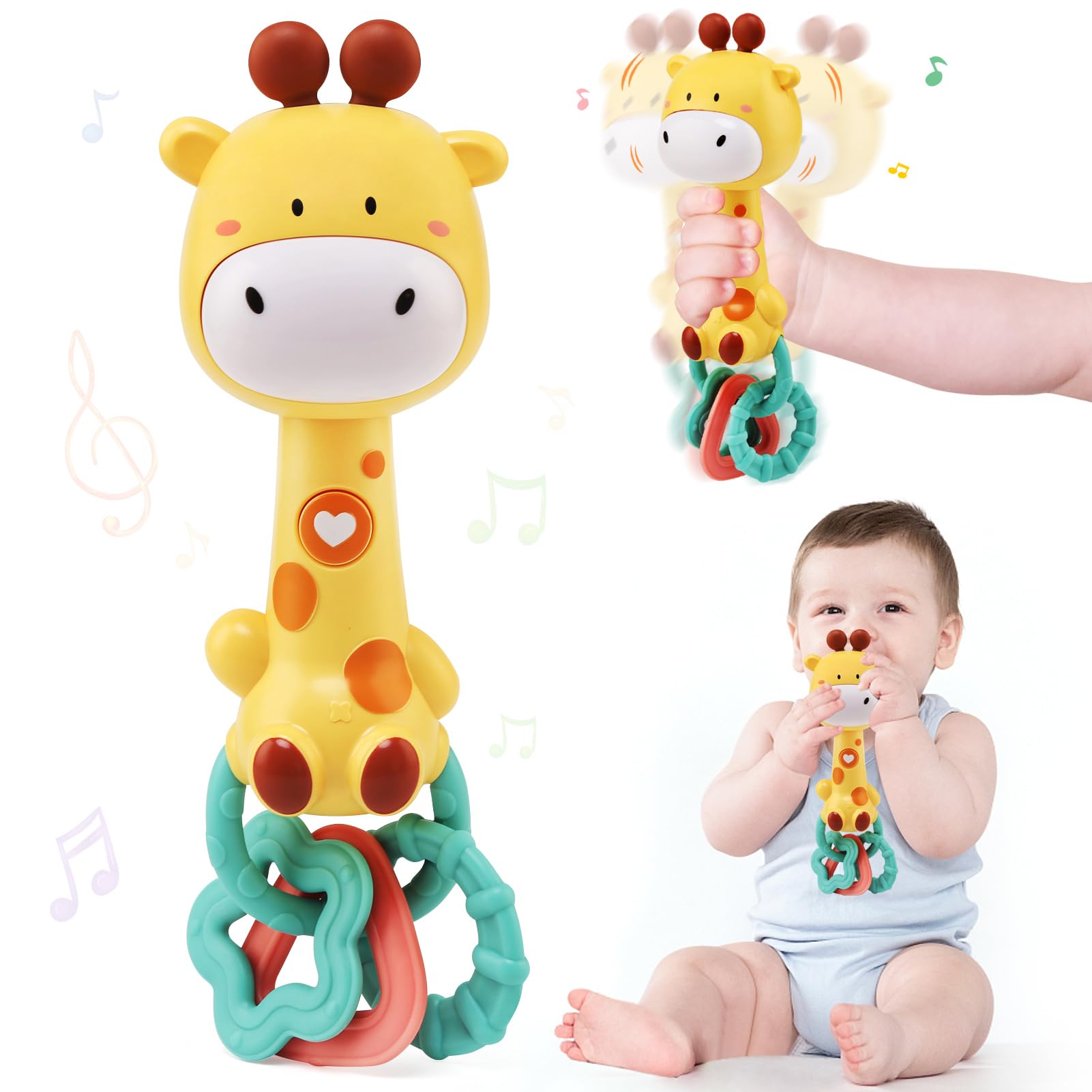 JoyPlus Juguetes Bebes 6-12 Meses, Juguetes Musicales Sonajeros para Bebés, Jirafa Musical Juguete Sensorial Bebe con Mordedor y Lamparita, Regalos Bebes Recien Nacidos Originales 0 6 12 18 Meses