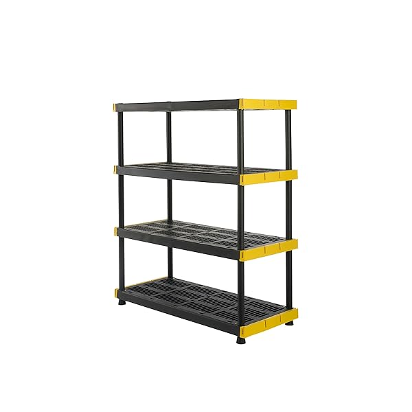 BLACK & YELLOW, 4-Tier Heavy Duty Plastic Storage Shelving Unit, 200lbs/shelf (55"H x 48"W x 20"D), for Indoor/Outdoor Organization, Modular Rack