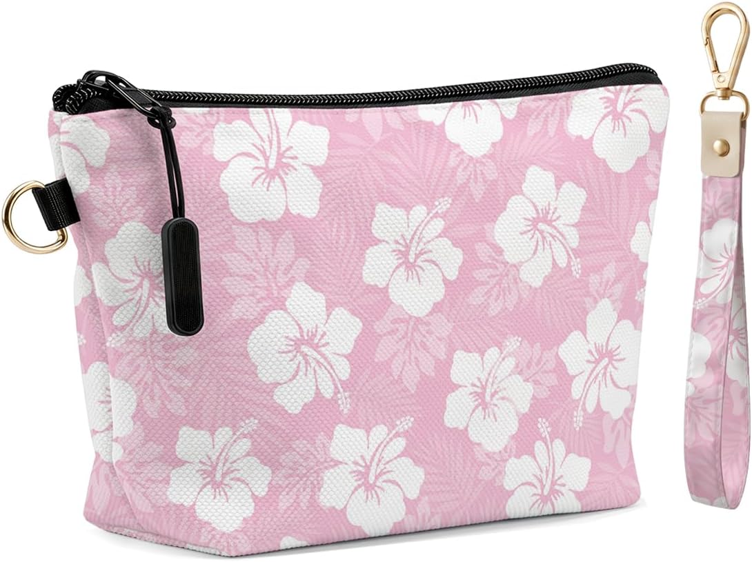 Fokongna Makeup Bag with Matching Keychain Wristlet, Keychain for Car Keys and Bags, Pastel Pink Hibiscus Cosmetic Bag for Women, Travel Toiletry Organizer