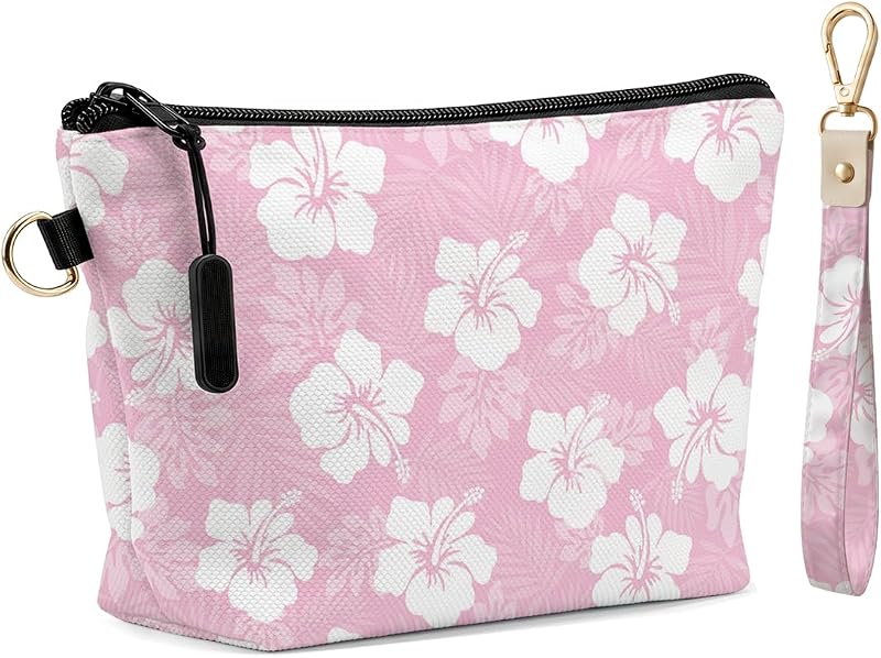 Necessaire Fokongna Pastel Pink Hibiscus com chaveiro de pulso, Pacote com 2