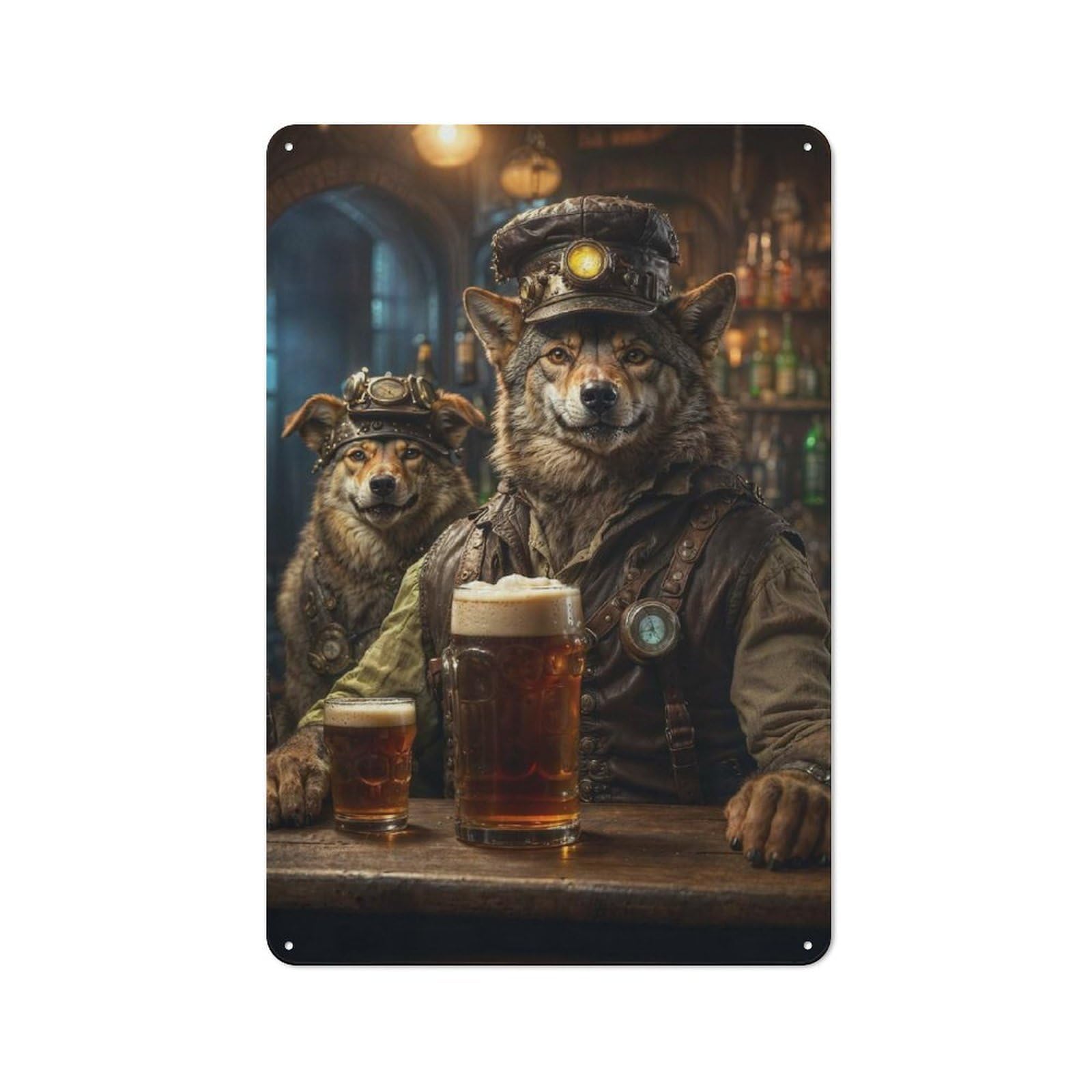 Junmoney Steampunk Craft Beer Wolf Rustic Tin Wall Plaque 30X20cm For Café Or Restaurant, For Kitchen, Dining Room And Home Bar Wall Decor