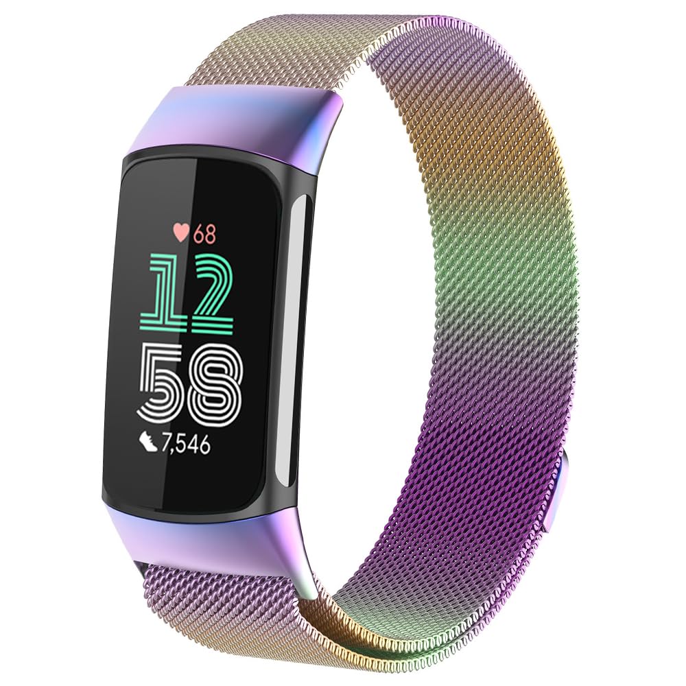 Moydolo Compatible with Fitbit Charge 5 Charge 6 Strap Women Men Girls Boys, Stainless Steel Metal Mesh Adjustable Magnetic Lock Loop Replacement Wristband for Charge 5/6 Band
