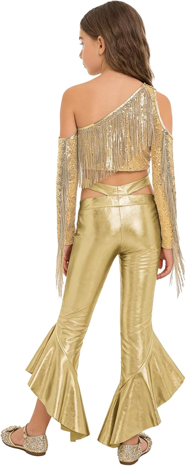 Girls Sequin Metallic Long Sleeve Jazz Dance Crop Top with Bell-bottoms Pants Set Disco Dancewear Gold 12 Years