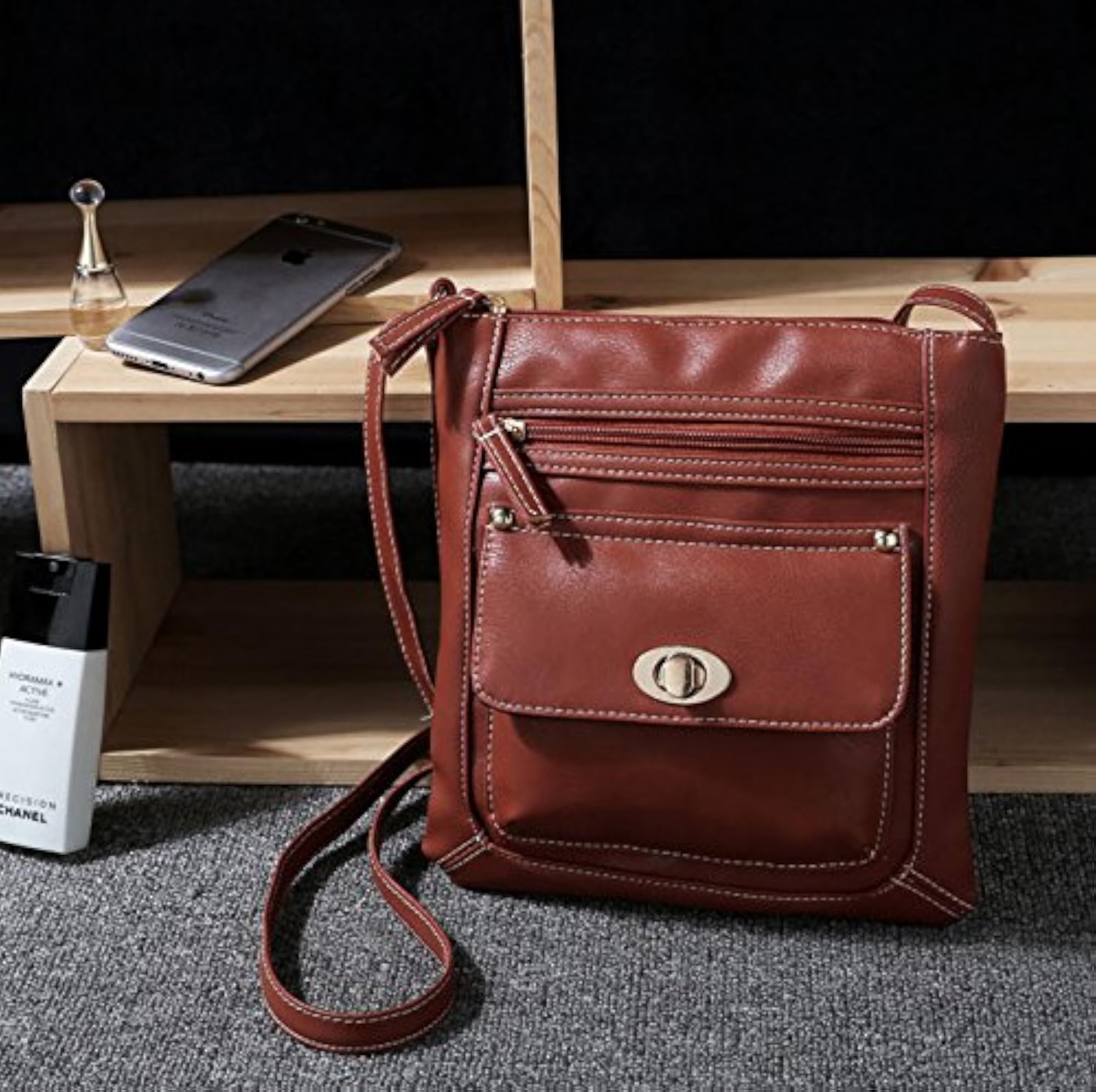 Women's Genuine Leather Multi-Pocket Crossbody Bag, Brown