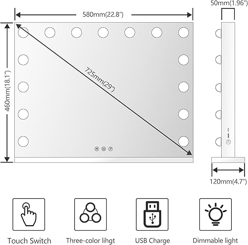 Miniatura 5 de Vanity Mirror with Lights, 24x22 Tabletop Hollyhood Makeup Mirror, Hollywood Lighted Mirror with 15 XL Large Dimmable LED Bulbs,3 Colors Modes,Touch