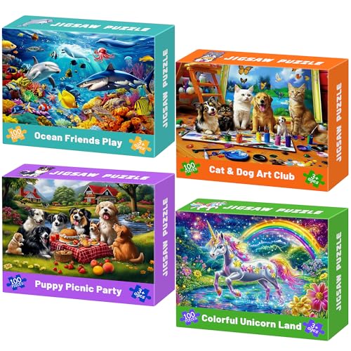 Rompecabezas de 100 piezas para niños de 4 a 8 años, paquete de 4 rompecabezas educativos con temática de animales, mundo marino, gatos, perros y unicornios miniatura 1
